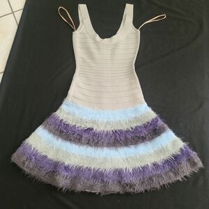 Striped Flared Dress with Feathered Skirt - Lavender, Light Blue, Gray